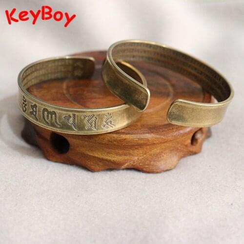 Brass Buddhist Scriptures Cuff Bangles Vintage Copper Buddhism Mantra Lucky Bracelets Adjustable Women Men Hand Chain Jewelry