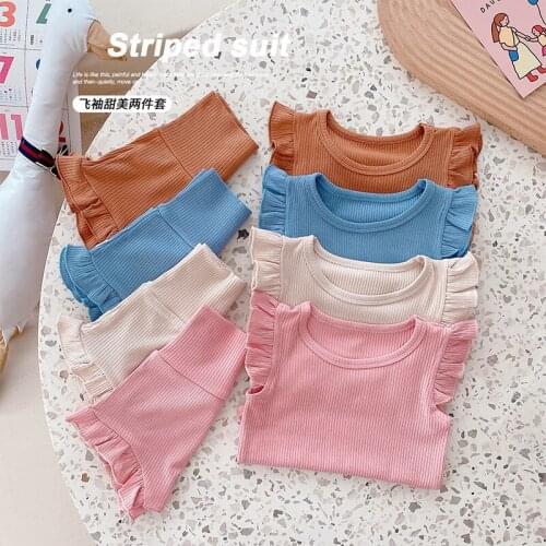 Summer Baby Boys Girls Clothing Set Cotton Kids Outfits Clothes Suits Newborn Ribbing T-shirts Tops+High Waist Shorts 4 Colors