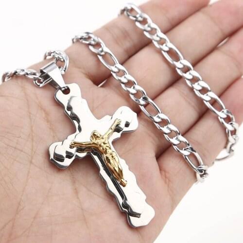 Men Chain Christian Jewelry Gifts Vintage Cross Crucifix Jesus Piece Pendant & Necklace Gold Silver Color Stainless Steel