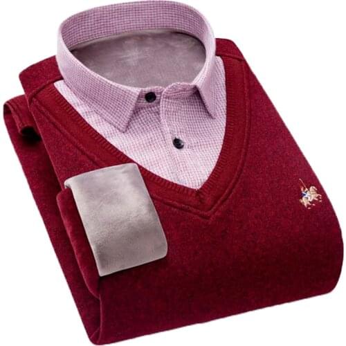 AOLIWEN brand men winter warmth and thick plus velvet shirt collar sweater one instead of two soft long sleeve slim fit sweaters
