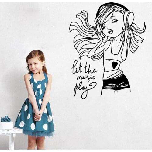 DJ Teen Girl Let The Music Play Headphones Wall Sticker Kids Room Juvenile Girl Enjoy Music Wall Decal Bedroom Vinyl Decor