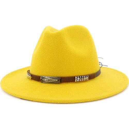 New Fashion Winter Autumn women men party hat Imitation Woolen Felt Belt buckle Decorated ladies Boater Hat flat brim HF56