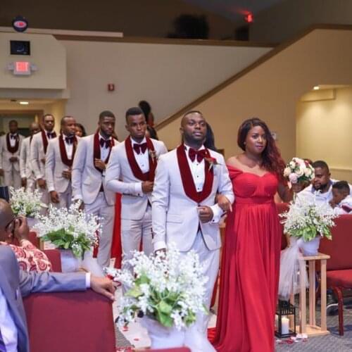 New White Ivory Men Suit Wedding Suits For Men Burgundy Shawl Collar 3 Pieces Slim Fit Suit Mens Tuxedo Blazer Jacket Pant Vest