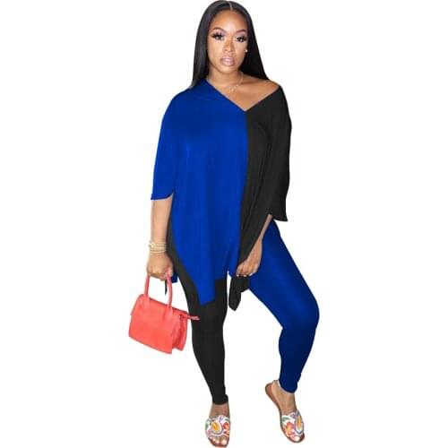 New Arrival Casual V Neck Color Matching Slit Two Piece Outfits