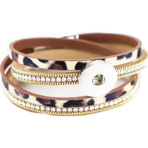 New Snap Jewelry 18mm Leather Snap Bracelet Wrap Multilayer Bohemian Leopard Leather for Women Men Couple Bracelet