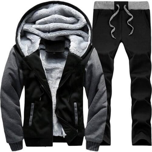 Casual Mens Tracksuit Winter Patchwork Men Set Thick Fleece Jackets + Pants 2 Pieces Sets Warm Hoodie Suits Mens Sportswear