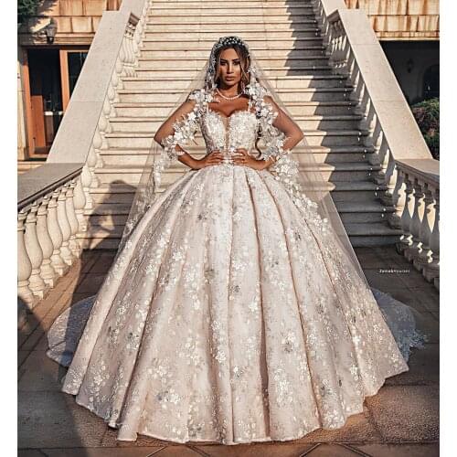 2021 Luxury 3D Lace Flower Lace Wedding Dresses Sexy V Neck Appliques Custom Made By Hand Bridal Wedding Gown In Dubai