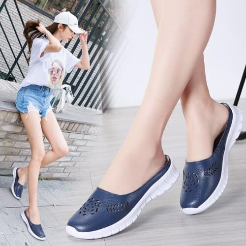Women Summer Sandals Half Shoes Floral Style Slippers Flats Shoes Females Split Leather Slides Outside Comfort Shoes Big