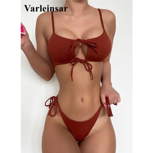 2021 Sexy Lace Up Ribbed Brazilian Bikini Female Swimsuit Women Swimwear Two-pieces Bikini set Bather Bathing Suit Swim V3044