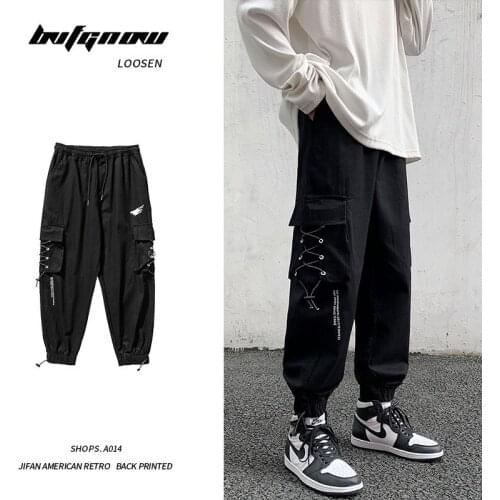 HOUZHOU Black Cargo Pants for Men Joggers Sweatpants Spring Summer Mens Cargo Trousers Male Japanese Techwear Hip Hop Ribbons