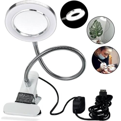 USB8X Magnifying Glass Cold Light LED Lamp Reading Repair Nail Art Tattoo Anti-skid Equipment Clip Glass Table Lamp Beauty Salon