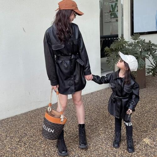 Family Matching Outfits Womens Jacket Mid-length Lace-up Leather Jacket for Women Girl Autumn Fashion Christmas Clothing Sets