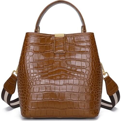 Women Tote Bucket Handbag Ladies Shoulder Bag Female Crocodile Pattern Genuine Leather Messenger Crossbody Bags Purses 2019