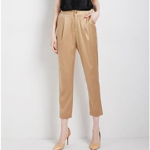 100% Silk Pants Women Loose Simple Design High Elastic Waist Ankle Length Pants Solid Casual Pants 2 Colors Elegant New Fashion