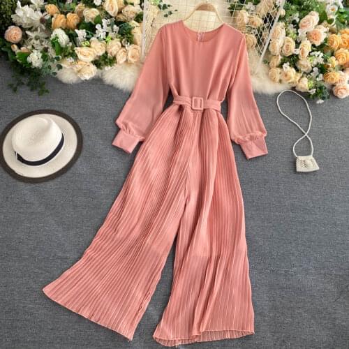 2020 New Women Jumpsuits Autumn Chiffon Long Sleeves Romper Waistband V-neck Jumpsuits with Belt Ladies Loose Leg Pants Overalls
