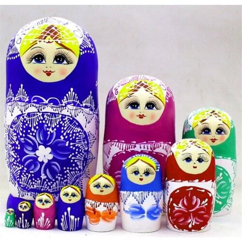 10pcs Wooden Russian Nesting Dolls Traditional Matryoshka Wishing 10 Layer Creative Hand-painted Handicraft Basswood Toys L30