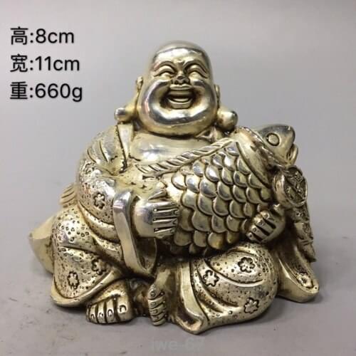 4.3"Old Chinese antiques Tibetan Silver Maitreya Buddha Embrace the fish