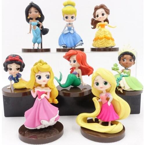 8pcs/sets Q Posket Princesses figure Toys Dolls Tiana Snow White Rapunzel Ariel Cinderella Belle Mermaid PVC Figures toys model