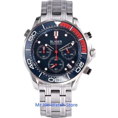 Bliger 41mm Watch Men VK Quartz Sapphire Glass Luminous Waterproof Date Sport Chronograph Function Wristwatch Men