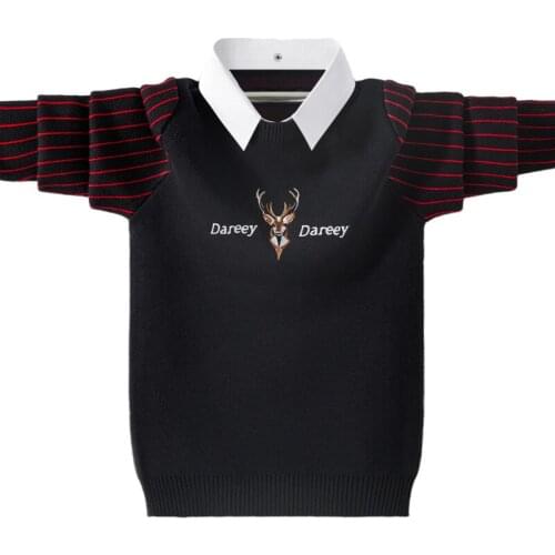 Kids Boys autumn / winter warm deer embroidered cotton knit sweater pullover new big virgin thicker base shirt