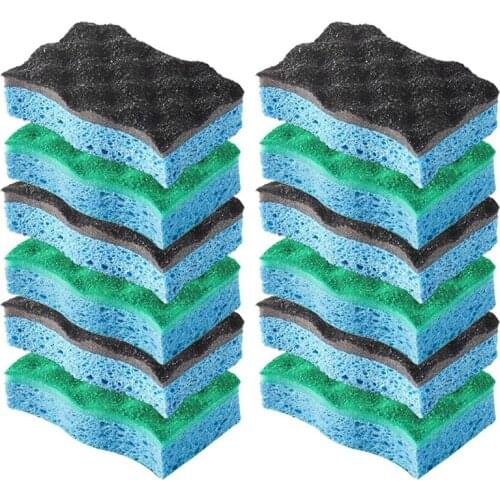 Dual-Sided Kitchen Sponges for Dishes Non-Scratch Natural Wood Pulp Cotton Dishwashing Sponges Scrub Sponges 12Pcs