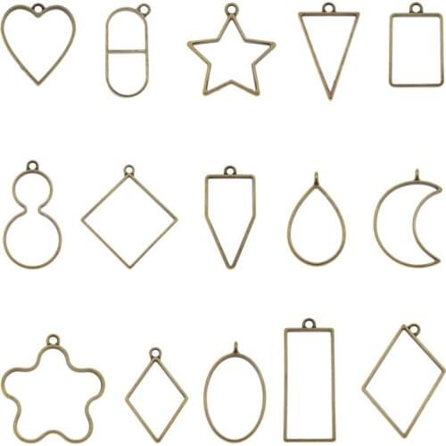 Julie Wang 15PCS Alloy Geometric Shape Mold Epoxy Casting Mixed Star Moon Heart Charms Mould Jewelry Making Tool
