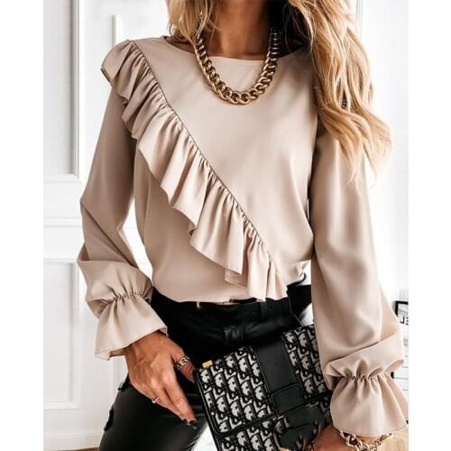 Elegant Womens Shirt Solid Color Ruffle Trim Tops Casual Long Sleeve Round Neck Plain Slim Fitting Tunics 2020 Newest Trendy