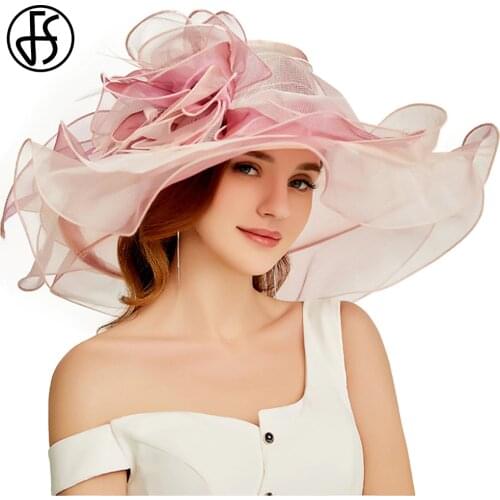 FS 2021 Summer Church Hats For Women Elegant Large Brim Organza Fascinator Party Wedding Fedora Big Flower Ladies Sun Hat