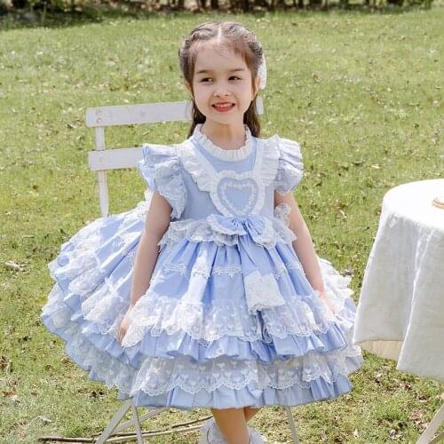 Spanish Lolita Girl Dress Summer Princess Party Dress Baby Cotton Lace Blue Bow Dress 1-6 Years Old