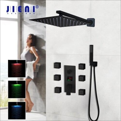 JIENI Matte Black Bath Shower Faucet Message Jets Thermostatic Temperature Display Rainfall Bathroom Kit Hand Shower Set Faucet