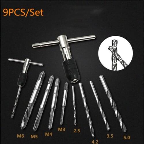 9PCS Tap Wrench Handle Ratchet M3-M6 Machine Screw Thread Metric Plug Tap Drill Set Hand Tools Hand Tap