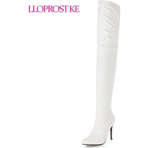 Lloprost ke 2018 Winter Women Over The Knee Boots Zip Pointed Toe Thin High Heel Long Boots for Skinny Legs Big Size 33-48 D109