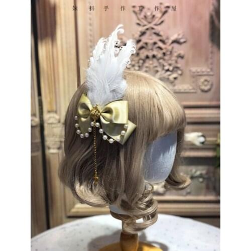 Sweet Handmade Headwear Gold Feather Hairpin Hairclip Hairgrips Lolita Bow Pearl Chain Original Design Cute