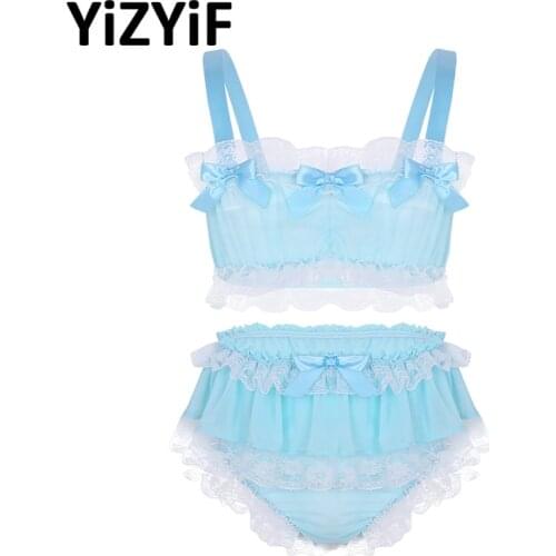 Mens Lingerie sexy bikini set Ruffled Lace Sheer Chiffon Sissy panties Men Sleeveless Crop Top with Skirted Petticoated Panties