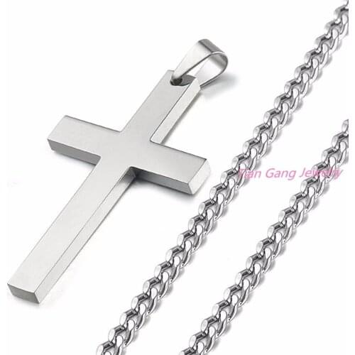Mens Smooth Cross Pendant Necklace Gold/Silver Color/Black Color Stainless Steel Link Chain Necklace Statement Jewelry