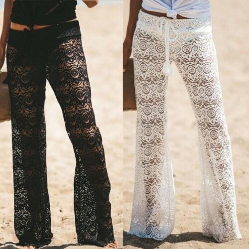 Sexy Women Beach Cover Up Pants Lace Crochet Sheer Trousers Swimsuit Holiday Beach Loose Casual Wide Leg Bikini Cover Up Bottoms