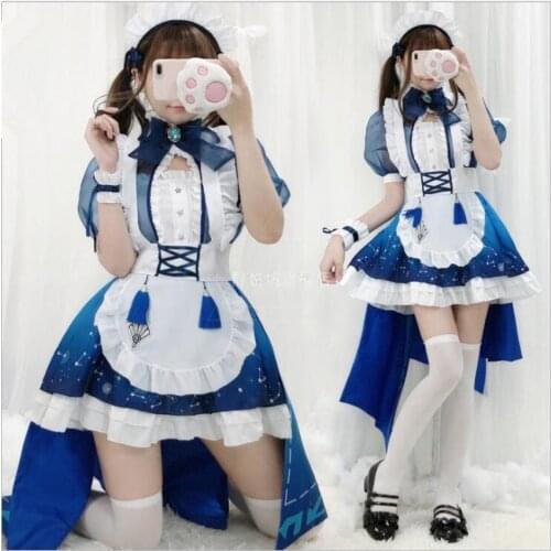 Kawaii Anime Maid Cosplay Dress Lolita Blue White Color Short Sleeves Dress With Headwear B1847