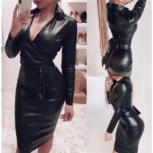 Hirigin Women Faux Leather Dress Clubwear Long Sleeve Autumn Dress Tight Fashion Dress Hot Sale Black Solid Party Dress Vestidos