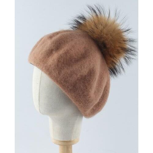 Winter Hat Girl Beret With Pompom Wool Beanie Warm Real Raccoon Fur Autumn Skiing Outdoor Accessory For Toddlers