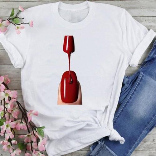 Women Sweet 90s Nail Art Cute Ladies Cartoon Fashion Summer Lovely Clothes Print Short Sleeve Tops Tees Tshirt T-Shirt