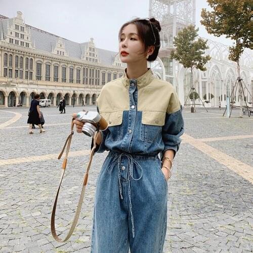 Women Fashion Splice Denim Jumpsuit Long Sleeve Drawstring Slim Straight Jeans Streetwear Safari Style One Piece Overalls 0801