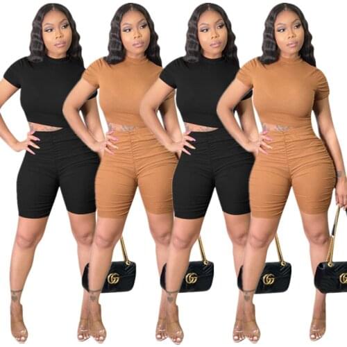Women Ribbed Pleated Sets Summer Solid Color Tracksuits Short Sleeve T-shirt+Shorts Suit Two Piece Set Sportswear Slim Outfits