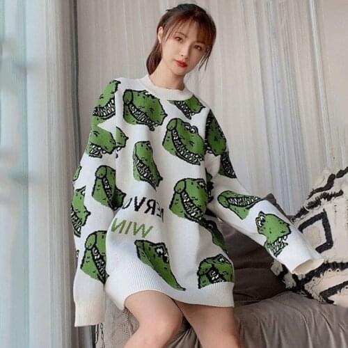 Street Style Oversize Female Pullover Kawaii Dinosaur Embroidery Hip Hop Knit Women Sweater 2021 Winter Loose Female Clothing