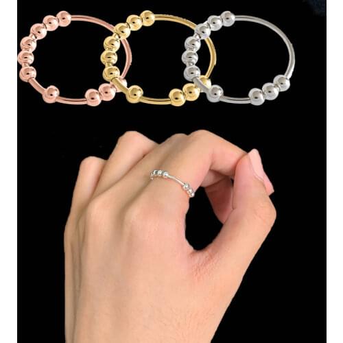 Women Spinner Fidget Beads Rings for Anxiety Worry Peace Rings Relieving Stress Stainless Steel Rings S M L