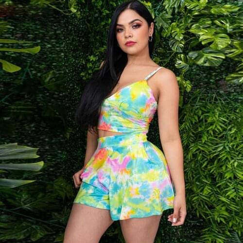 Leopard Tie Dye Print Retro Two Piece Dress Set Womens Tracksuit Spaghetti Strap Crop Top and Pleated Short Skirt Club Outfit