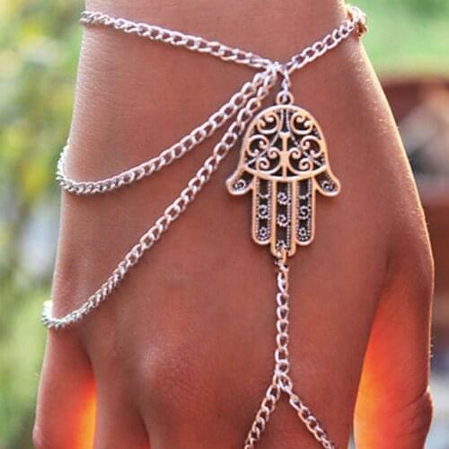 Vintage Boho Gold Silver Color Tassel Chain Connected Finger Bracelet Retro Geometric Palm Bracelets For women Statement Jewelry