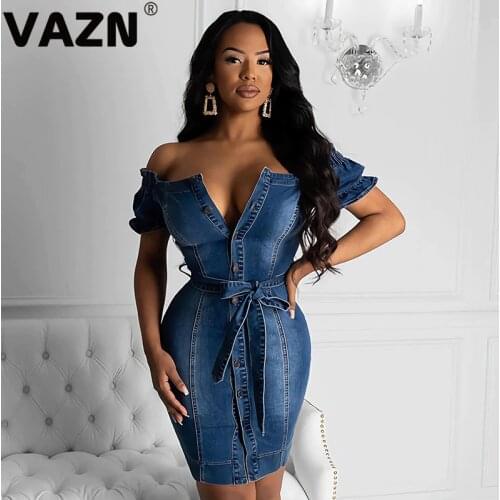 VAZN Spring New Denim Dress High-end High Quality Untidy Sexy Daily Slash Neck Short Sleeve Lace Up Top Women Thin Mini Dress