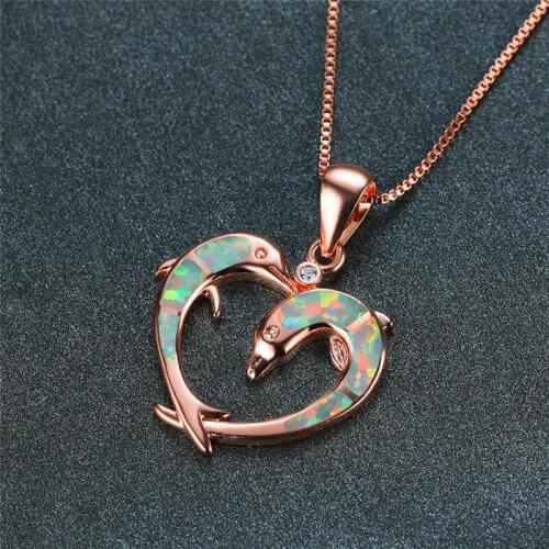 Boho Female White Opal Pendant Necklace Charm Rose Gold Heart Chain Necklaces For Women Dainty Dolphin Animal Wedding Necklace