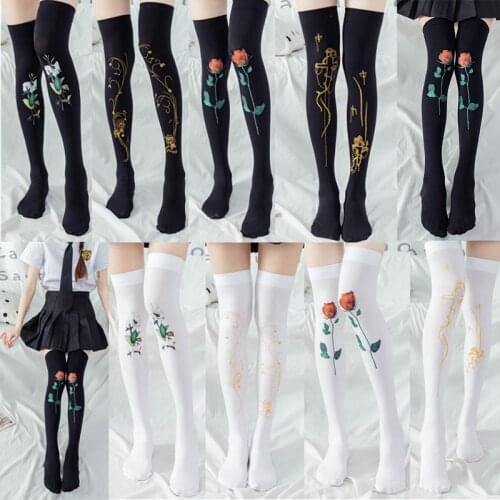 8 Colors/new Velvet Over The Knee High Tube Thigh Stockings Black and White Rose Printing Bronzing Long Tube Jk Student Sexy