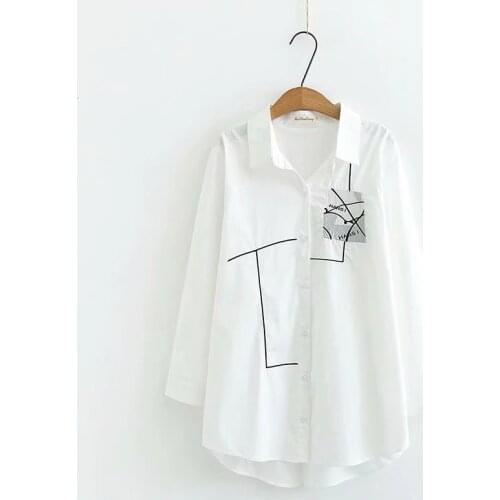 Plus size Simple embroidery white cotton women loose shirts 2021 new spring Turn-down Collar ladies soft blouse female tops